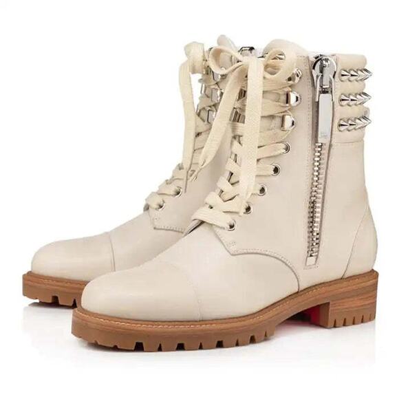 Christian Louboutin Winter Spikes Flat White Calf Leather Combat Ankle Boot 38 - Picture 1 of 9